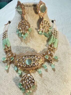 Gold-Tone Mint Green Statement Necklace & Earrings Set in Tyanni Kundan